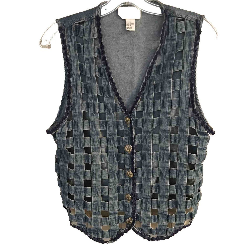 Vintage Tilman Womens Vest Blue Denim Lattice Weave Buttons SzM Cotton Pre-Owned